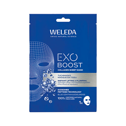 WELEDA Exo Boost Collagen Tuchmaske blauer Enzian